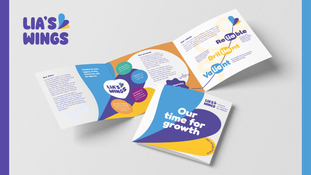Image of the launch concertina booklet for Lia's Wings showing the new brand in blue, purple and yellow main colours forming a motif of three curved shapes forming an abstract wing.
